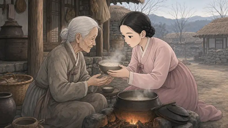 조선 야담 장면 012 - 죽을 불어 건네다