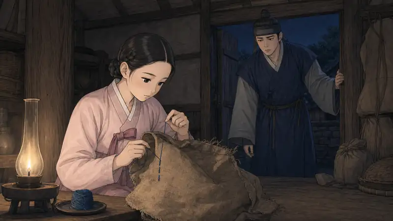 조선 야담 장면 068 - 등잔 아래 바느질