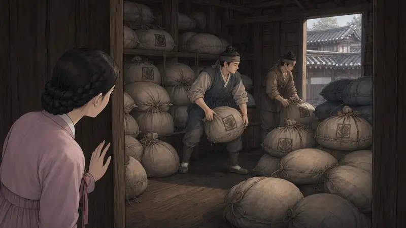 조선 야담 장면 106 - 관아 자루가 쌓인 창고