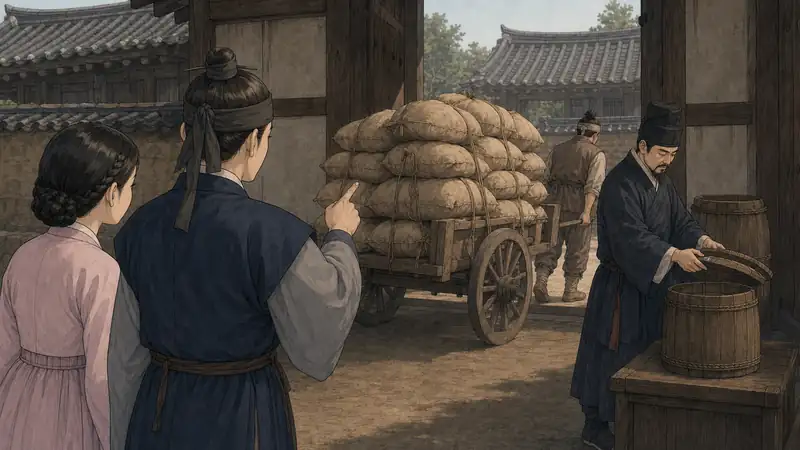 조선 야담 장면 121 - 쌀겨 수레와 다른 말통